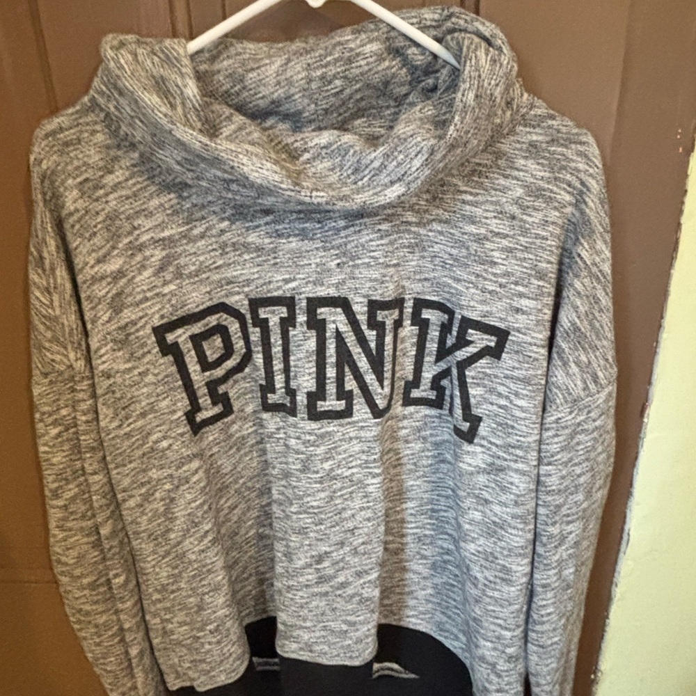 Victoria’s Secret PINK Cowl Neck Sweatshirt Gray Black Cozy Pullover SIZE M